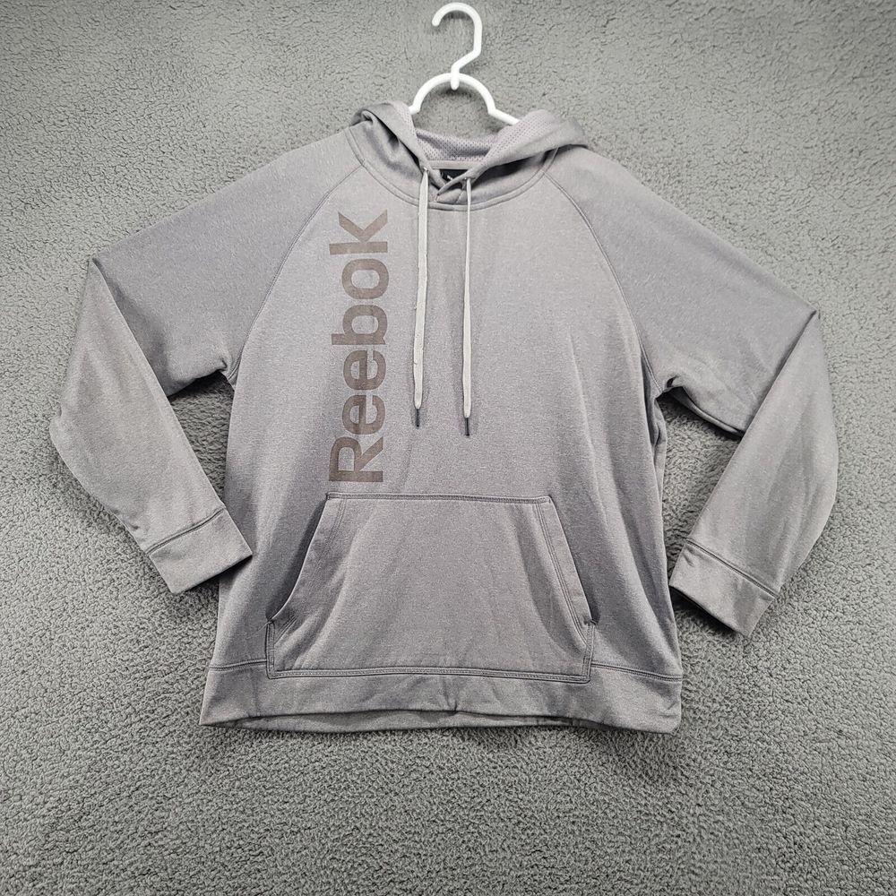 Reebok Jacket Men's Medium Gray Pullover Hoodie Pockets Spellout Logo Drawstring